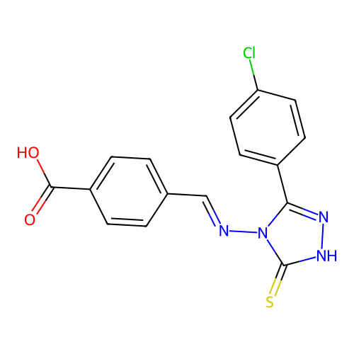 (E)-4-(((3-(4-chlorophenyl)-5-mercapto-4H-1,2,4-triazol-4-yl)imino)methyl)benzoic acid structure