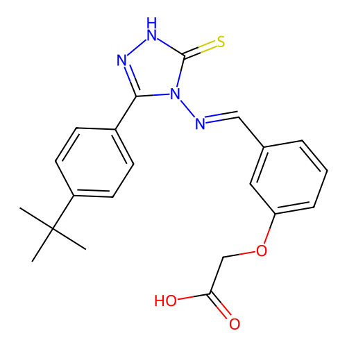 (E)-2-(3-(((3-(4-(tert-butyl)phenyl)-5-mercapto-4H-1,2,4-triazol-4-yl)imino)methyl)phenoxy)acetic acid structure