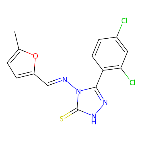 (E)-5-(2,4-dichlorophenyl)-4-(((5-methylfuran-2-yl)methylene)amino)-4H-1,2,4-triazole-3-thiol structure