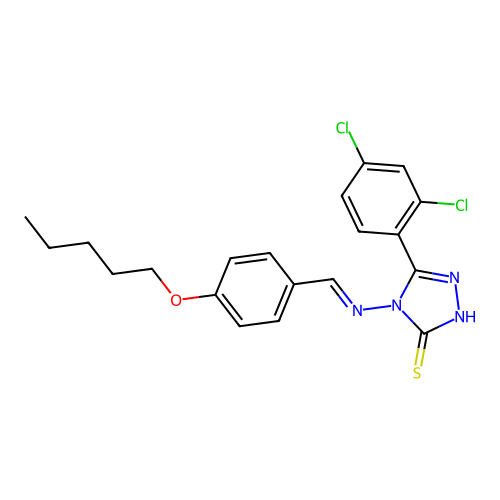 (E)-5-(2,4-dichlorophenyl)-4-((4-(pentyloxy)benzylidene)amino)-4H-1,2,4-triazole-3-thiol structure