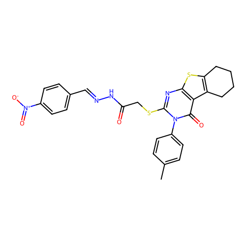 (E)-N'-(4-nitrobenzylidene)-2-((4-oxo-3-(p-tolyl)-3,4,5,6,7,8-hexahydrobenzo[4,5]thieno[2,3-d]pyrimidin-2-yl)thio)acetohydrazide structure