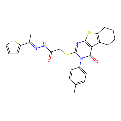 (E)-2-((4-oxo-3-(p-tolyl)-3,4,5,6,7,8-hexahydrobenzo[4,5]thieno[2,3-d]pyrimidin-2-yl)thio)-N'-(1-(thiophen-2-yl)ethylidene)acetohydrazide structure