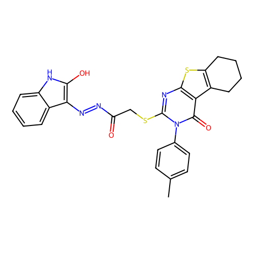 (E)-2-((4-oxo-3-(p-tolyl)-3,4,5,6,7,8-hexahydrobenzo[4,5]thieno[2,3-d]pyrimidin-2-yl)thio)-N'-(2-oxoindolin-3-ylidene)acetohydrazide structure