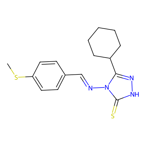 (E)-5-cyclohexyl-4-((4-(methylthio)benzylidene)amino)-4H-1,2,4-triazole-3-thiol structure