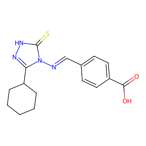 4-[(E)-(3-cyclohexyl-5-sulfanylidene-1H-1,2,4-triazol-4-yl)iminomethyl]benzoic acid structure