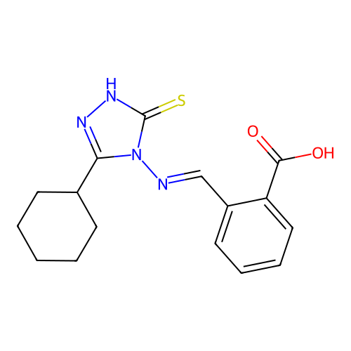 2-[(E)-(3-cyclohexyl-5-sulfanylidene-1H-1,2,4-triazol-4-yl)iminomethyl]benzoic acid structure