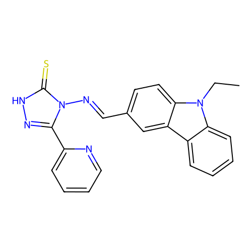 4-[(1E)-2-(9-ethylcarbazol-3-yl)-1-azavinyl]-5-(2-pyridyl)-1,2,4-triazole-3-th iol structure