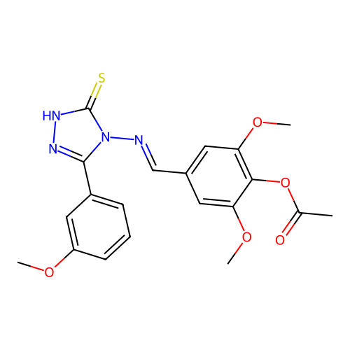 (E)-4-(((3-mercapto-5-(3-methoxyphenyl)-4H-1,2,4-triazol-4-yl)imino)methyl)-2,6-dimethoxyphenyl acetate structure