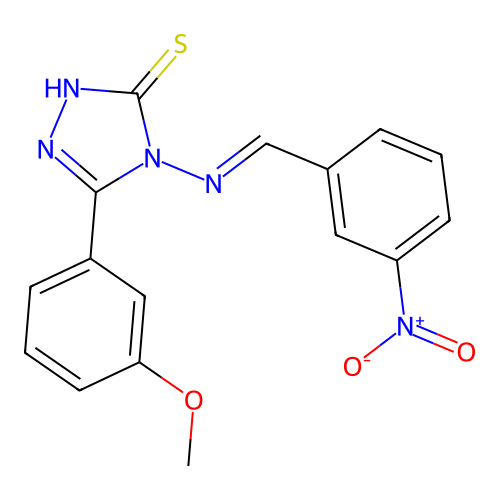 (E)-5-(3-methoxyphenyl)-4-((3-nitrobenzylidene)amino)-4H-1,2,4-triazole-3-thiol structure