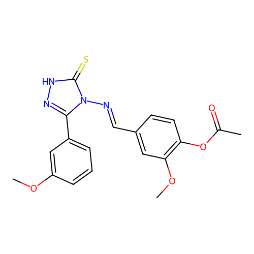 (E)-4-(((3-mercapto-5-(3-methoxyphenyl)-4H-1,2,4-triazol-4-yl)imino)methyl)-2-methoxyphenyl acetate structure