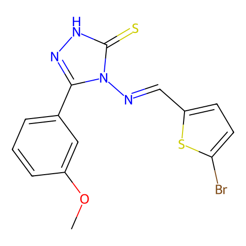 4-[(1E)-2-(5-bromo(2-thienyl))-1-azavinyl]-5-(3-methoxyphenyl)-1,2,4-triazole- 3-thiol structure