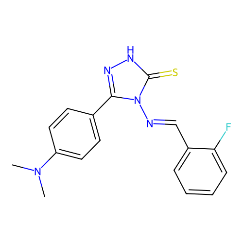 (E)-5-(4-(dimethylamino)phenyl)-4-((2-fluorobenzylidene)amino)-4H-1,2,4-triazole-3-thiol structure