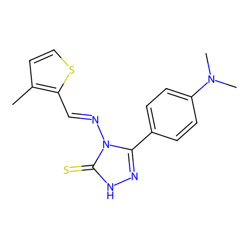 (E)-5-(4-(dimethylamino)phenyl)-4-(((3-methylthiophen-2-yl)methylene)amino)-4H-1,2,4-triazole-3-thiol structure