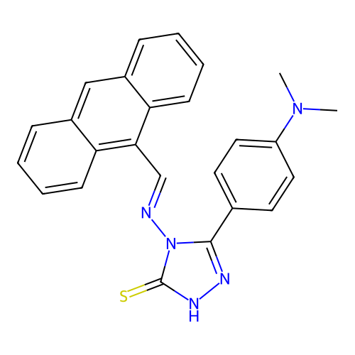 4-((1E)-2-(9-anthryl)-1-azavinyl)-5-[4-(dimethylamino)phenyl]-1,2,4-triazole-3 -thiol structure