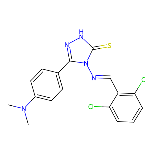 (E)-4-((2,6-dichlorobenzylidene)amino)-5-(4-(dimethylamino)phenyl)-4H-1,2,4-triazole-3-thiol structure