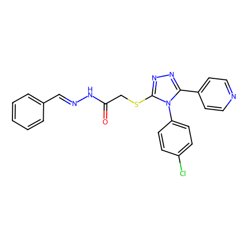 (E)-N'-benzylidene-2-((4-(4-chlorophenyl)-5-(pyridin-4-yl)-4H-1,2,4-triazol-3-yl)thio)acetohydrazide structure