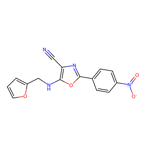 5-[(Furan-2-ylmethyl)amino]-2-(4-nitrophenyl)-1,3-oxazole-4-carbonitrile structure