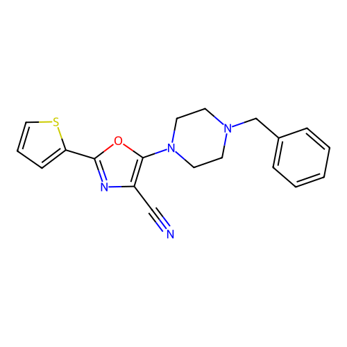 5-(4-Benzyl-1-piperazinyl)-2-(2-thienyl)-1,3-oxazole-4-carbonitrile structure