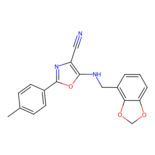 5-[(1,3-benzodioxol-4-ylmethyl)amino]-2-(4-methylphenyl)-1,3-oxazole-4-carbonitrile structure