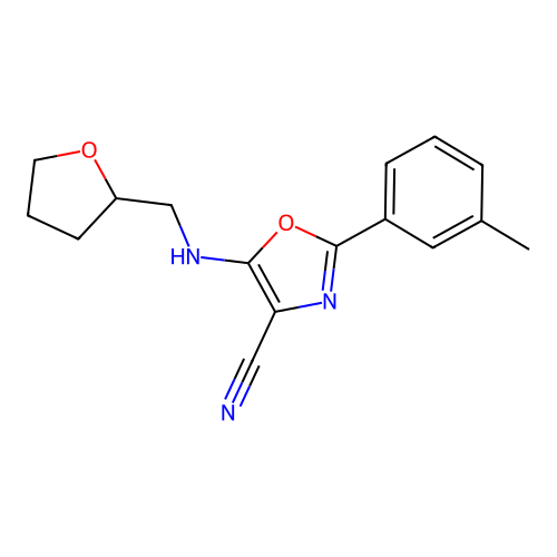 2-(3-methylphenyl)-5-[(tetrahydrofuran-2-ylmethyl)amino]-1,3-oxazole-4-carbonitrile structure
