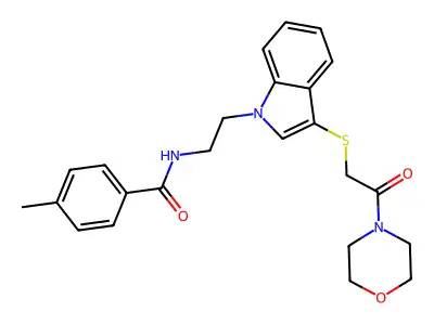 4-methyl-N-[2-[3-(2-morpholin-4-yl-2-oxoethyl)sulfanylindol-1-yl]ethyl]benzamide structure