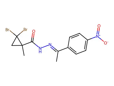2,2-dibromo-1-methyl-N'-[1-(4-nitrophenyl)ethylidene]cyclopropanecarbohydrazide structure