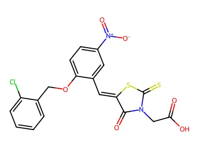 (Z)-2-(5-(2-((2-chlorobenzyl)oxy)-5-nitrobenzylidene)-4-oxo-2-thioxothiazolidin-3-yl)acetic acid structure