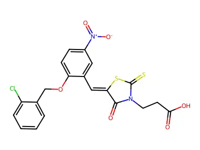 (Z)-3-(5-(2-((2-chlorobenzyl)oxy)-5-nitrobenzylidene)-4-oxo-2-thioxothiazolidin-3-yl)propanoic acid structure