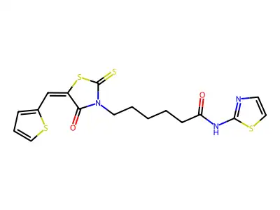 (E)-6-(4-oxo-5-(thiophen-2-ylmethylene)-2-thioxothiazolidin-3-yl)-N-(thiazol-2-yl)hexanamide structure