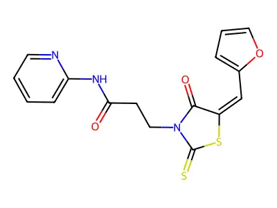 (E)-3-(5-(furan-2-ylmethylene)-4-oxo-2-thioxothiazolidin-3-yl)-N-(pyridin-2-yl)propanamide structure