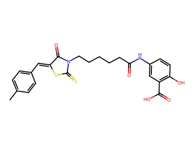 2-Hydroxy-5-[[6-[5-[(4-methylphenyl)methylene]-4-oxo-2-thioxo-3-thiazolidinyl]-1-oxohexyl]amino]benzoic acid structure