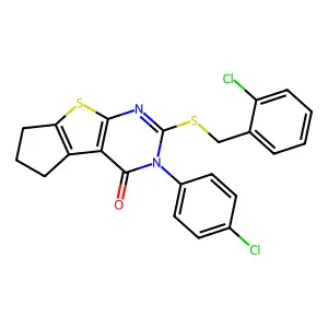 2-[(2-chlorobenzyl)sulfanyl]-3-(4-chlorophenyl)-3,5,6,7-tetrahydro-4H-cyclopenta[4,5]thieno[2,3-d]pyrimidin-4-one structure