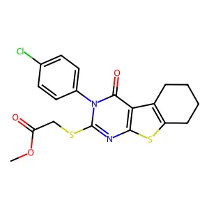 Methyl 2-{[4-(4-chlorophenyl)-3-oxo-8-thia-4,6-diazatricyclo[7.4.0.0,2,7]trideca-1(9),2(7),5-trien-5-yl]sulfanyl}acetate structure