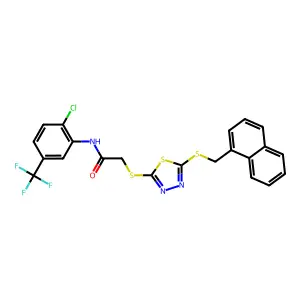 N-[2-chloro-5-(trifluoromethyl)phenyl]-2-({5-[(naphthalen-1-ylmethyl)sulfanyl]-1,3,4-thiadiazol-2-yl}sulfanyl)acetamide structure