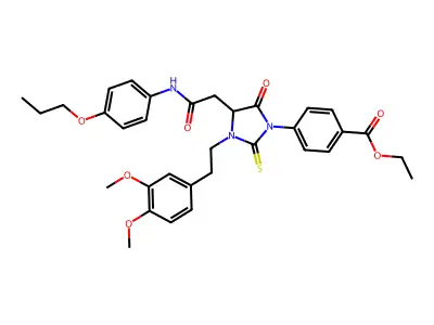ethyl 4-[3-[2-(3,4-dimethoxyphenyl)ethyl]-5-oxo-4-[2-oxo-2-(4-propoxyanilino)ethyl]-2-sulfanylideneimidazolidin-1-yl]benzoate structure