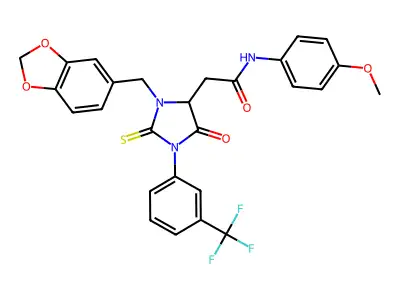 2-[3-(1,3-benzodioxol-5-ylmethyl)-5-oxo-2-sulfanylidene-1-[3-(trifluoromethyl)phenyl]imidazolidin-4-yl]-N-(4-methoxyphenyl)acetamide structure