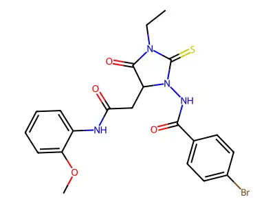 4-Bromo-N-{3-ethyl-5-[2-(2-methoxyanilino)-2-oxoethyl]-4-oxo-2-sulfanylideneimidazolidin-1-yl}benzamide structure