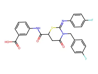 3-[[2-(4-fluorophenyl)imino-3-[(4-fluorophenyl)methyl]-4-oxo-1,3-thiazinane-6-carbonyl]amino]benzoic acid structure