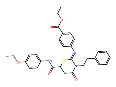 Ethyl 4-[[6-[(4-ethoxyphenyl)carbamoyl]-4-oxo-3-phenethyl-1,3-thiazinan-2-ylidene]amino]benzoate structure