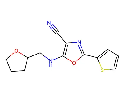 5-(2-Oxolanylmethylamino)-2-thiophen-2-yl-4-oxazolecarbonitrile structure