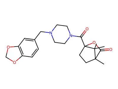 1-{[4-(1,3-benzodioxol-5-ylmethyl)piperazin-1-yl]carbonyl}-4,7,7-trimethyl-2-oxabicyclo[2.2.1]heptan-3-one structure