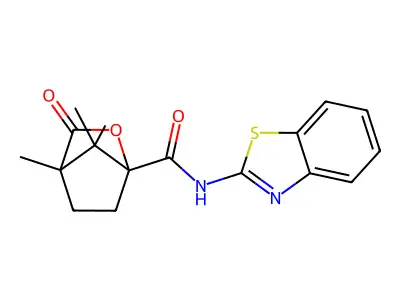 N-1,3-benzothiazol-2-yl-4,7,7-trimethyl-3-oxo-2-oxabicyclo[2.2.1]heptane-1-carboxamide structure