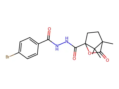 N'-[(4-bromophenyl)carbonyl]-4,7,7-trimethyl-3-oxo-2-oxabicyclo[2.2.1]heptane-1-carbohydrazide structure