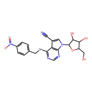 7-[3,4-dihydroxy-5-(hydroxymethyl)oxolan-2-yl]-4-[(4-nitrophenyl)methylselanyl]pyrrolo[2,3-d]pyrimidine-5-carbonitrile structure