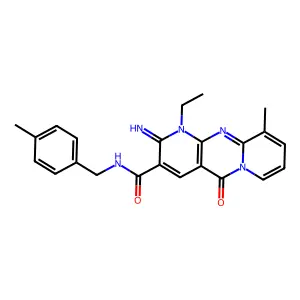 1-ethyl-2-imino-10-methyl-N-(4-methylbenzyl)-5-oxo-2,5-dihydro-1H-dipyrido[1,2-a:2',3'-d]pyrimidine-3-carboxamide structure