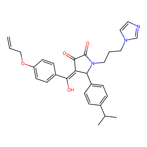 (4E)-4-[hydroxy-(4-prop-2-enoxyphenyl)methylidene]-1-(3-imidazol-1-ylpropyl)-5-(4-propan-2-ylphenyl)pyrrolidine-2,3-dione structure