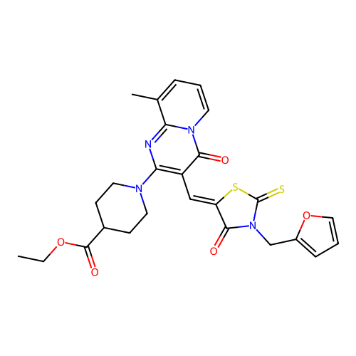 ethyl 1-(3-{(Z)-[3-(furan-2-ylmethyl)-4-oxo-2-thioxo-1,3-thiazolidin-5-ylidene]methyl}-9-methyl-4-oxo-4H-pyrido[1,2-a]pyrimidin-2-yl)piperidine-4-carboxylate structure