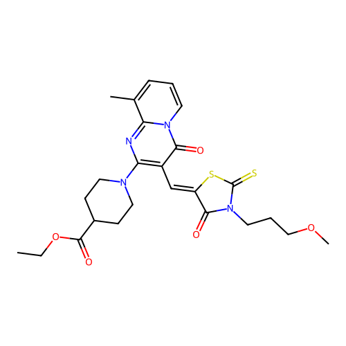 ethyl 1-(3-{(Z)-[3-(3-methoxypropyl)-4-oxo-2-thioxo-1,3-thiazolidin-5-ylidene]methyl}-9-methyl-4-oxo-4H-pyrido[1,2-a]pyrimidin-2-yl)piperidine-4-carboxylate structure