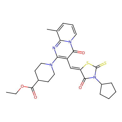 ethyl 1-{3-[(Z)-(3-cyclopentyl-4-oxo-2-thioxo-1,3-thiazolidin-5-ylidene)methyl]-9-methyl-4-oxo-4H-pyrido[1,2-a]pyrimidin-2-yl}piperidine-4-carboxylate structure