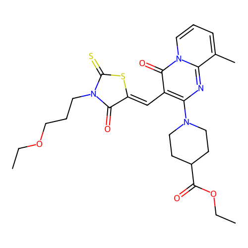ethyl 1-(3-{(Z)-[3-(3-ethoxypropyl)-4-oxo-2-thioxo-1,3-thiazolidin-5-ylidene]methyl}-9-methyl-4-oxo-4H-pyrido[1,2-a]pyrimidin-2-yl)piperidine-4-carboxylate structure